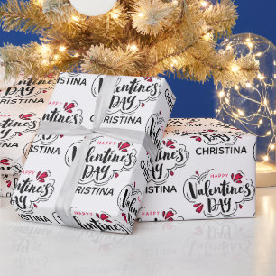Simple Red and White Happy Valentines Day Name Wrapping Paper