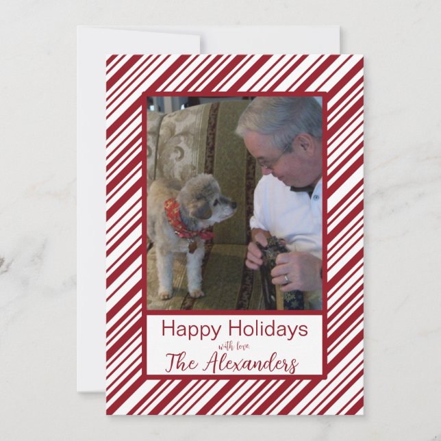 Simple Red and White Stripe Photo Holiday Card (Front)