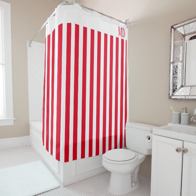 Simple Red and White Striped Initial Christmas Shower Curtain (In Situ)