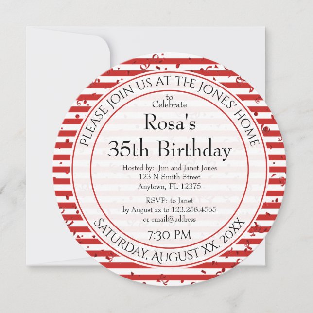 Simple Red and White Stripes - Round Party Invitation (Front)