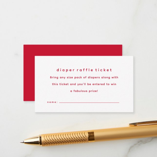 Simple red baby shower diaper raffle ticket enclosure card (Front/Back In Situ)