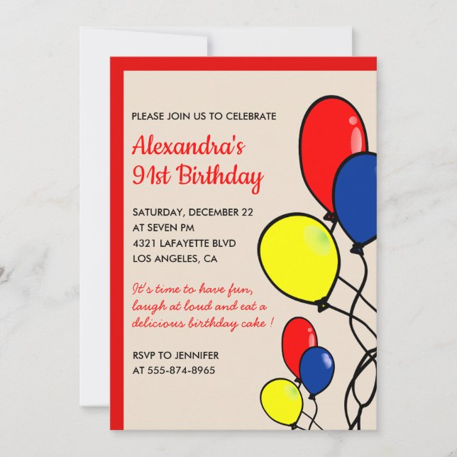 Simple Red Balloons 91st birthday invitations  (Front)