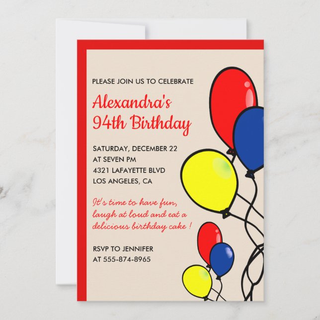 Simple Red Balloons 94th birthday invitations  (Front)