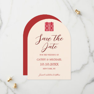 Simple red beige modern Chinese wedding Save The Date