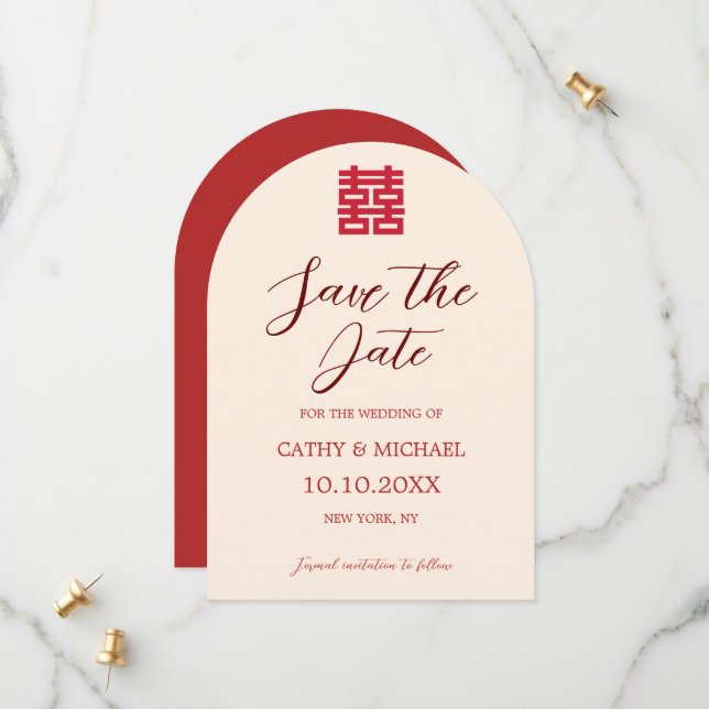 Simple red beige modern Chinese wedding Save The Date (Front/Back In Situ)