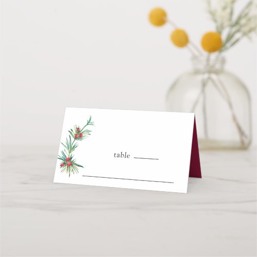 Simple Red Berries Winter Greenery Floral Wedding  Place Card