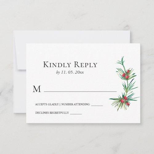 Simple Red Berries Winter Greenery Floral Wedding RSVP Card