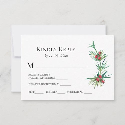 Simple Red Berries Winter Greenery Floral Wedding RSVP Card