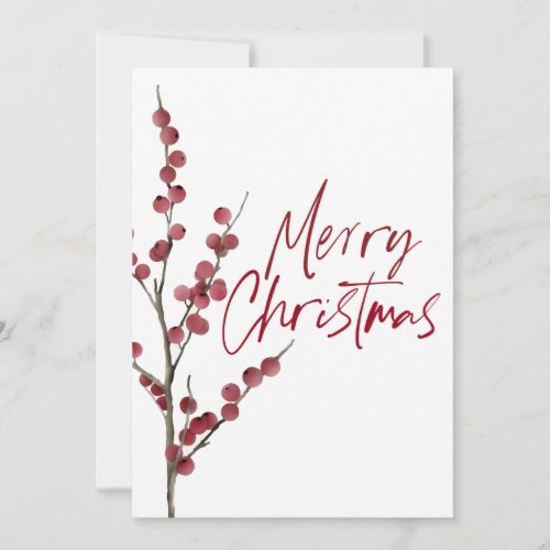 Simple Red Berry Branch Watercolor Flat Holiday Card