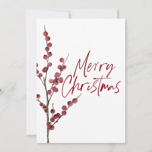 Simple Red Berry Branch Watercolor Flat  Photo Holiday Card