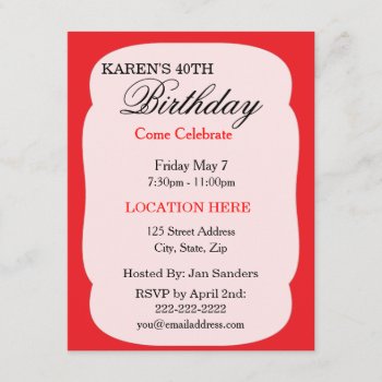 Simple Red Birthday Party Invitations by dawnfx at Zazzle