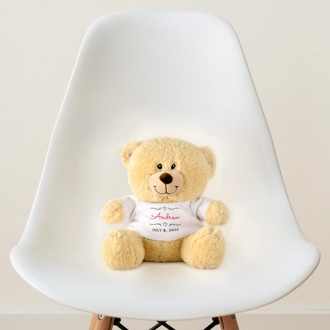 Simple Red Black And White Name And Date Script Teddy Bear (Creator Uploaded)