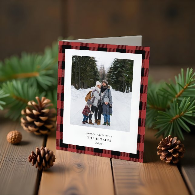 Simple Red Black Plaid Border 3 Photos Christmas Holiday Card (Creator Uploaded)