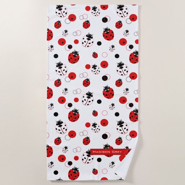 Simple Red, Black & White Ladybug Pattern Beach Towel (Front)
