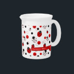 Simple Red, Black & White Ladybug Pattern Beverage Pitcher<br><div class="desc">Simple and elegant pattern featuring ladybugs clipart in red,  black and white color with circles and dots in red and black and a personalized name label.
Change the name to personalize or customize further to add your own touch.</div>