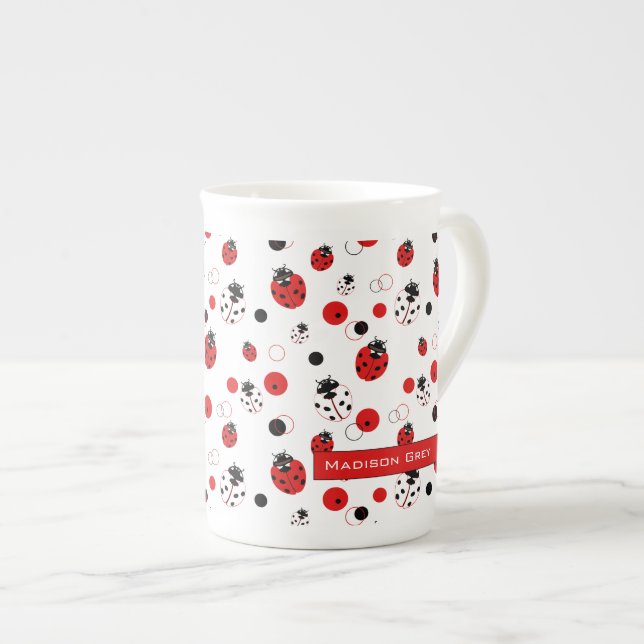 Simple Red, Black & White Ladybug Pattern Bone China Mug (Front Right)