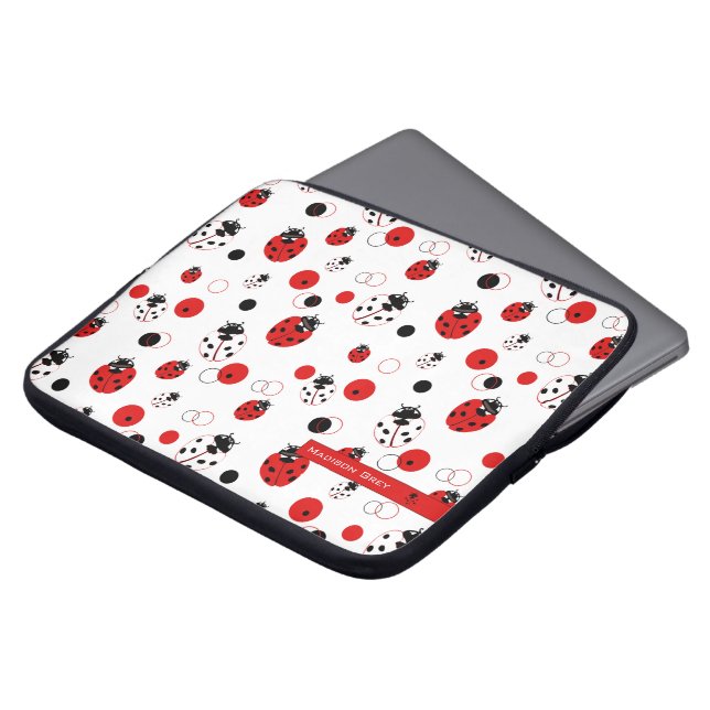 Simple Red, Black & White Ladybug Pattern Laptop Sleeve (Front Top)
