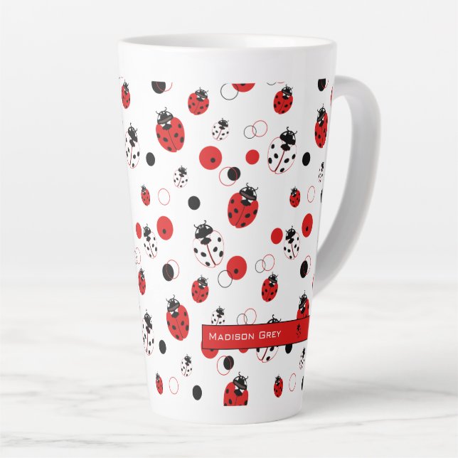 Simple Red, Black & White Ladybug Pattern Latte Mug (Right Angle)