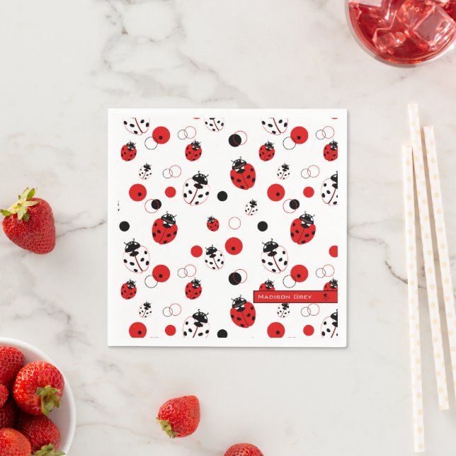 Simple Red, Black & White Ladybug Pattern Napkins (Insitu)