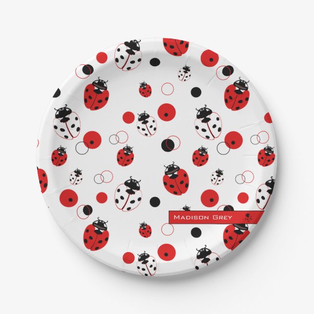Simple Red, Black & White Ladybug Pattern Paper Plates (Front)