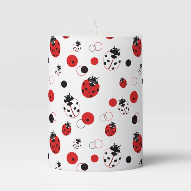 Simple Red, Black & White Ladybug Pattern Pillar Candle (Front)