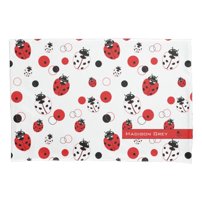 Simple Red, Black & White Ladybug Pattern Pillow Case (Front)