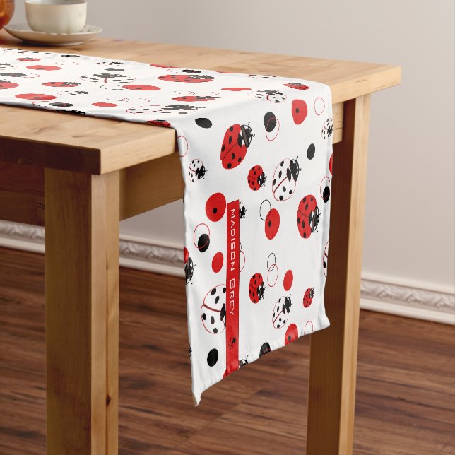 Simple Red, Black & White Ladybug Pattern Short Table Runner (In Situ)