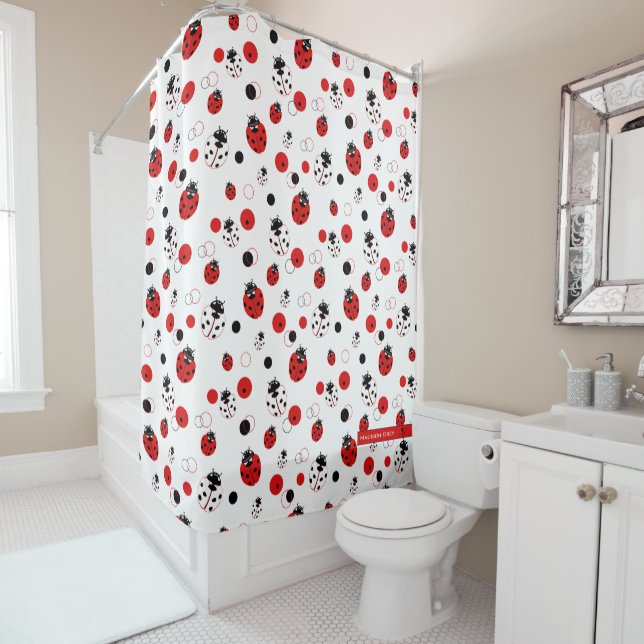 Simple Red, Black & White Ladybug Pattern Shower Curtain (In Situ)