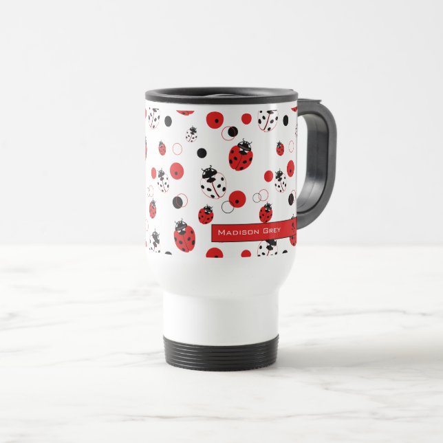 Simple Red, Black & White Ladybug Pattern Travel Mug (Front Right)