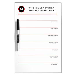 Simple Red Black &amp; White Monogram Family Meal Plan Dry Erase Board