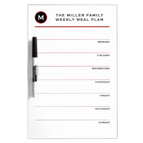 Simple Red Black  White Monogram Family Meal Plan Dry Erase Board