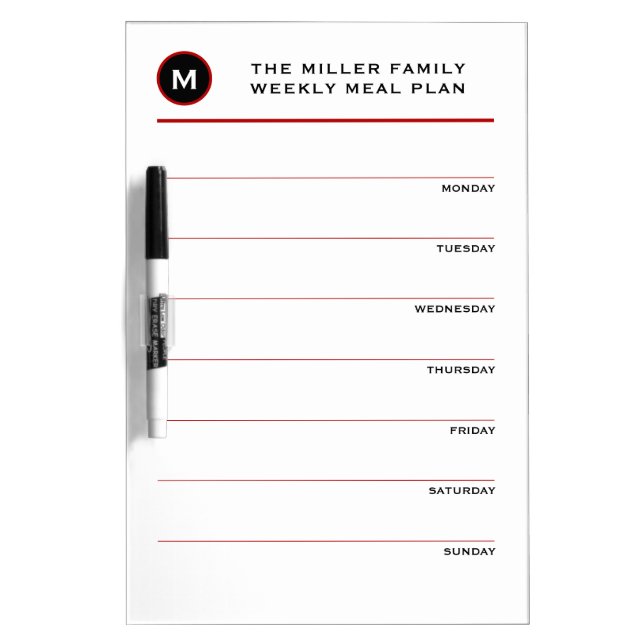 Simple Red Black & White Monogram Family Meal Plan Dry Erase Board (Front)