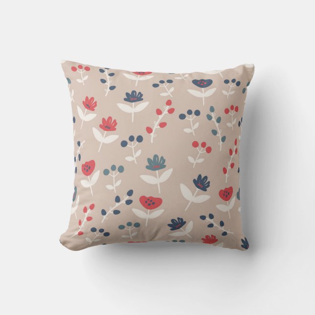 Simple Red Blue Floral Country Stylish Farmhouse Throw Pillow (Front)