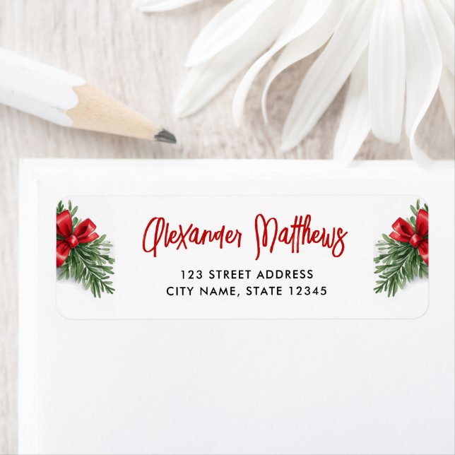 Simple Red Bow Green Pine Christmas Illustration Label (Insitu)