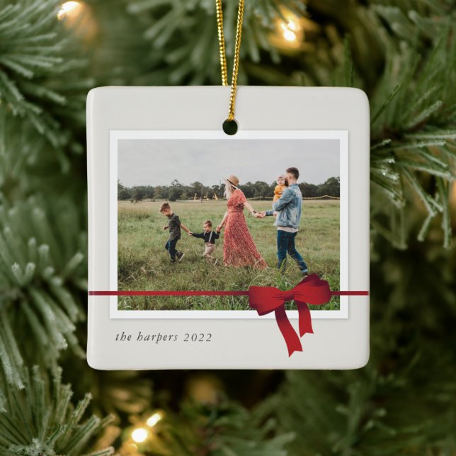 Simple Red Bow Photo Christmas Ceramic Ornament (Tree)