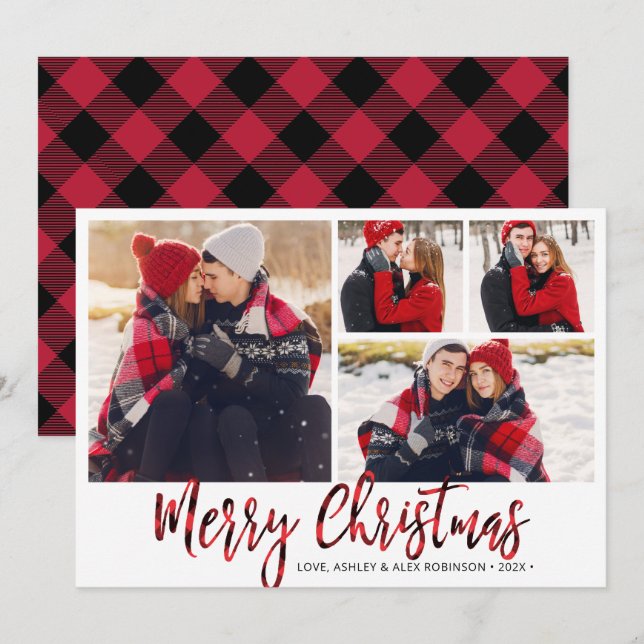 Simple Red Buffalo Plaid 4 Photo Collage  Holiday Card (Front/Back)