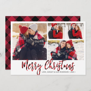 Simple Red Buffalo Plaid 4 Photo Collage  Holiday Card