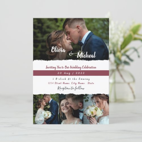 Simple Red Burgundy save the date 4 photo collage Invitation