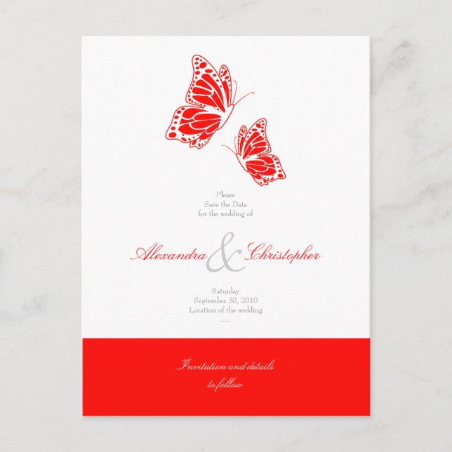 Simple Red Butterflies Save The Date Wedding Announcement Postcard (Front)