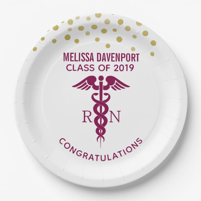 Simple Red Caduceus Nurse Graduate Congratulations Paper Plates (Front)