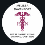 Simple Red Caduceus Registered Nurse Address Classic Round Sticker<br><div class="desc">Address sticker with a stylish red caduceus symbol with the letters R N on either side.</div>