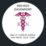 Simple Red Caduceus Registered Nurse Address Classic Round Sticker<br><div class="desc">Address sticker with a stylish red caduceus symbol with the letters R N on either side.</div>