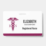 Simple Red Caduceus Registered Nurse RN Symbol Badge<br><div class="desc">Personalized name badge with a stylish red caduceus symbol with the letters R N on either side.  Reddish maroon border.</div>