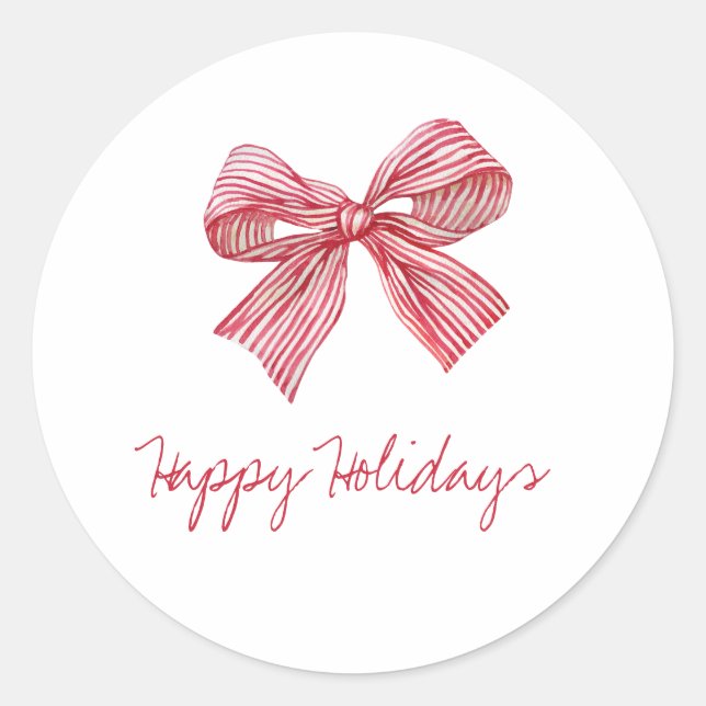 Simple Red Candy Stripe Bow Happy Holidays Classic Round Sticker (Front)