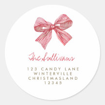 Simple Red Candy Stripe Bow Holiday Return Address