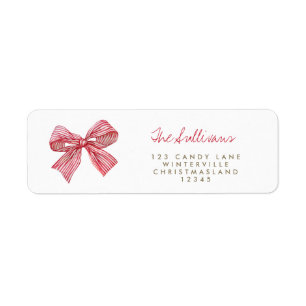 Simple Red Candy Stripe Bow Holiday Return Address Label