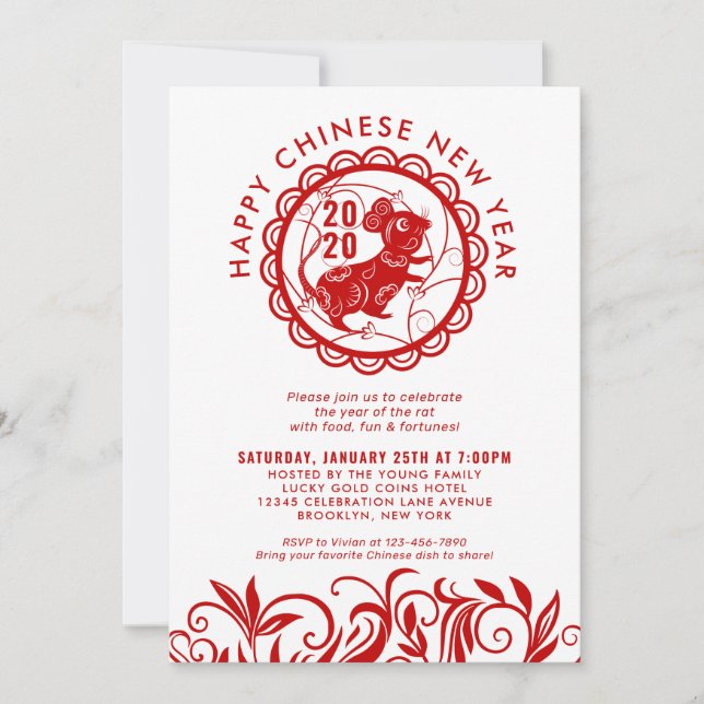 Simple Red Chinese New Year of the Rat 2020 Trendy Invitation (Front)