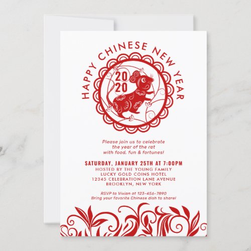 Simple Red Chinese New Year of the Rat 2020 Trendy Invitation