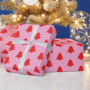 Simple Red Christmas Trees on Pink Wrapping Paper