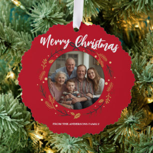 Simple red Christmas Wreath Photo Family name Ornament Card